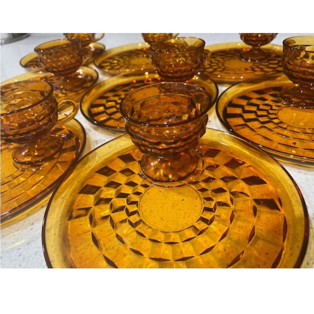 Vintage Indiana Glass Whitehall Cube Amber 4 Place Snack Set, dinner party